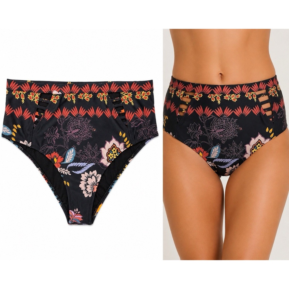 Sea Gypsies By Lost S High Waist Bikini Bottom Floral Cut Out Strappy Swim New
